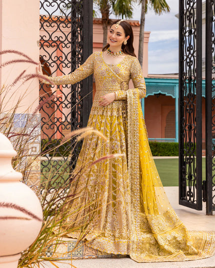 Faiza Saqlain | Yellow Embroidered Angrakha Pishwas