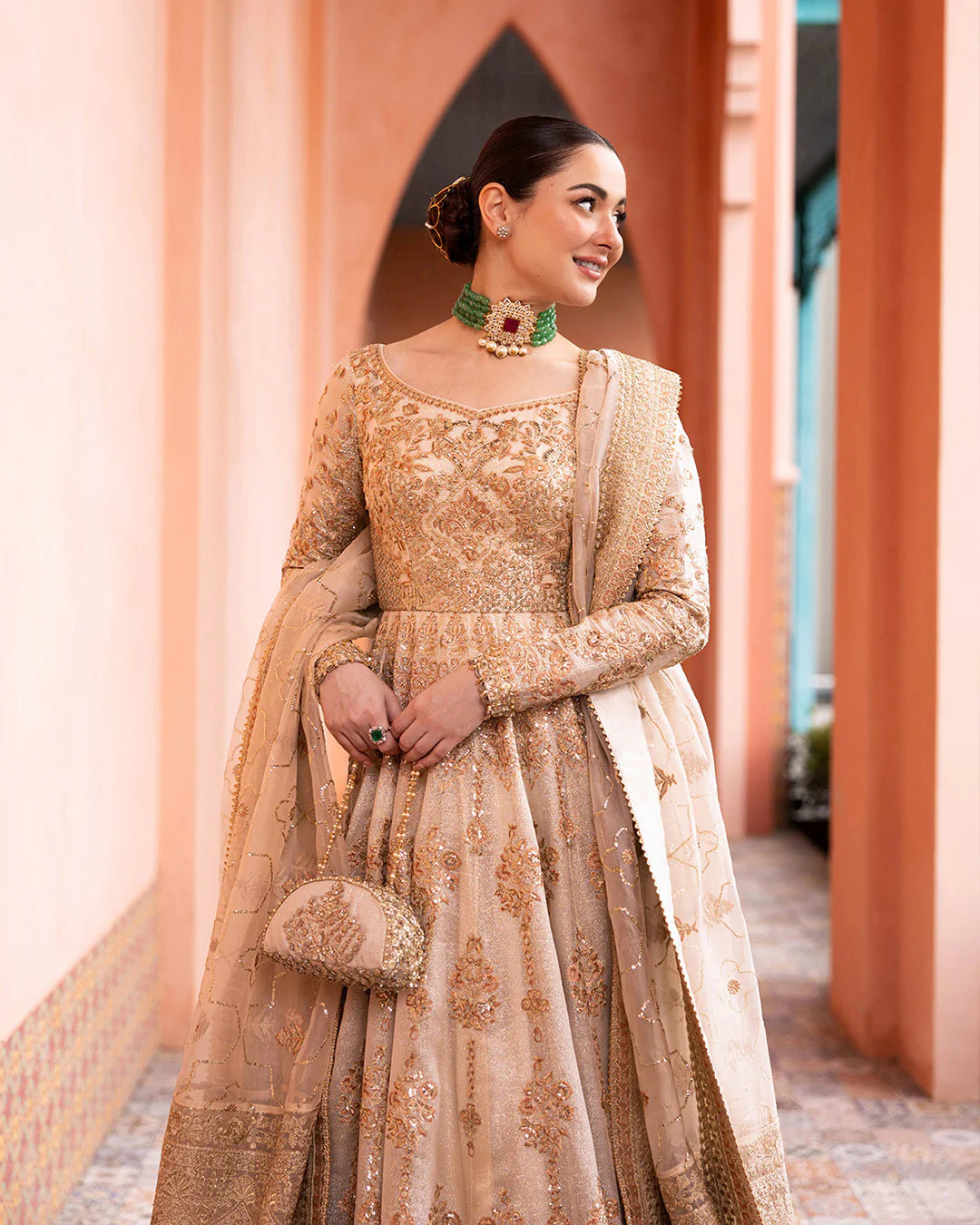 Faiza Saqlain | Beige Net Embroidered Maxi Dress