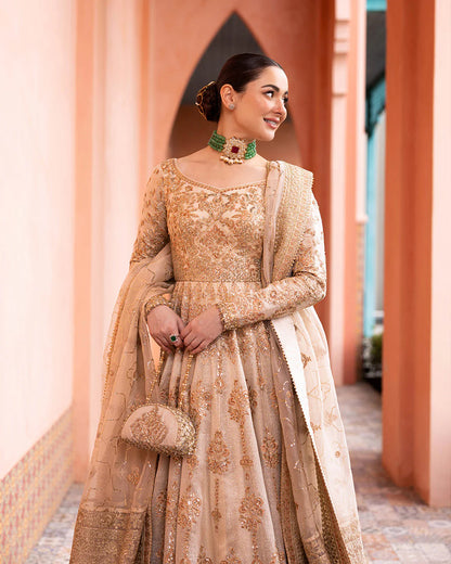 Faiza Saqlain | Beige Net Embroidered Maxi Dress