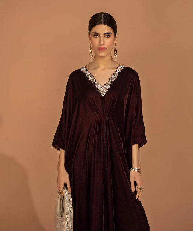 Faiza Saqlain | Plum Embellished Velvet Kaftan