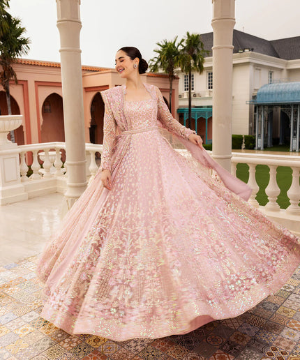 Faiza Saqlain | Powder Pink Net Embroidered Maxi Dress