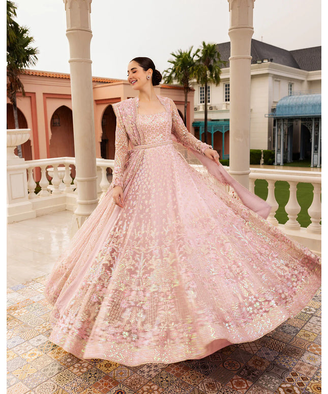 Faiza Saqlain | Powder Pink Net Embroidered Maxi Dress