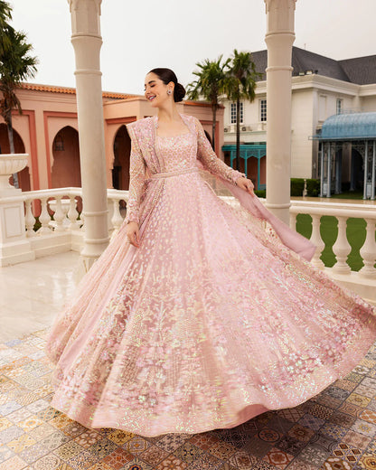 Faiza Saqlain | Powder Pink Net Embroidered Maxi Dress