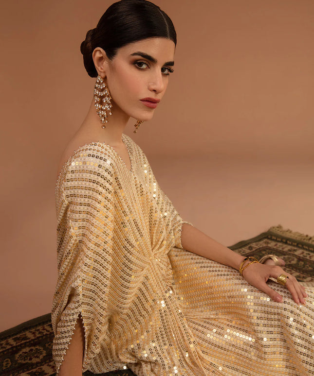 Faiza Saqlain | Gold Sequin Georgette Kaftan