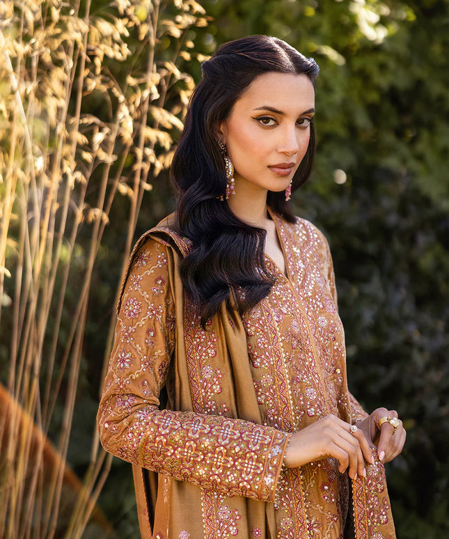Faiza Saqlain | Mustard Brown Embroidered Velvet Dress