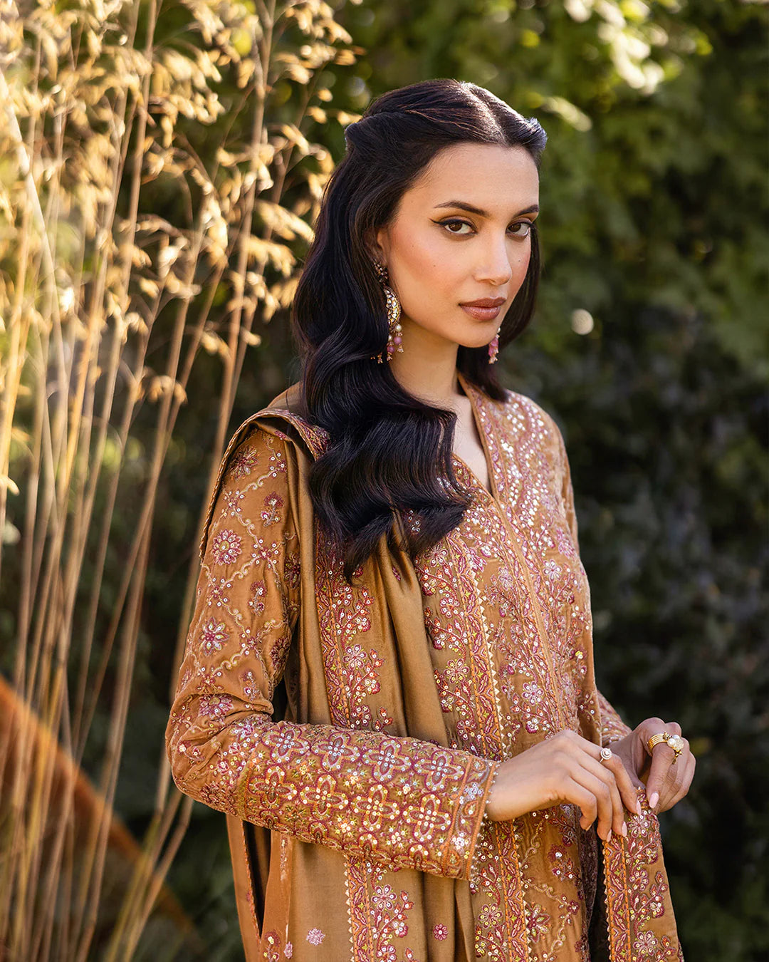 Faiza Saqlain | Mustard Brown Embroidered Velvet Dress