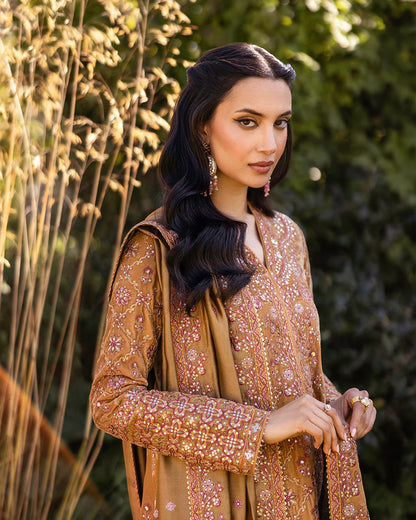 Faiza Saqlain | Mustard Brown Embroidered Velvet Dress