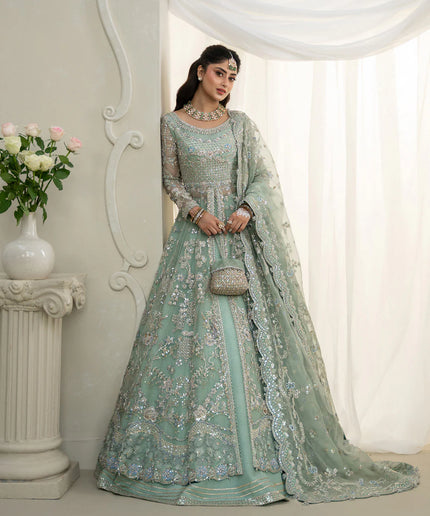 Faiza Saqlain | Mint Green Organza Embroidered Embellished Maxi Gown
