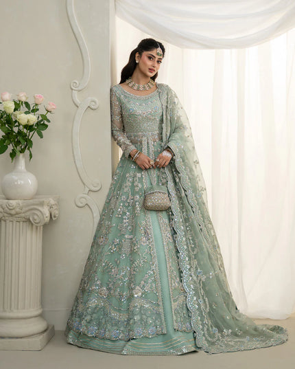 Faiza Saqlain | Mint Green Organza Embroidered Embellished Maxi Gown