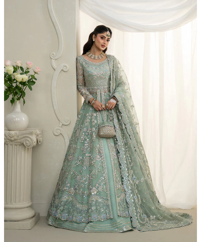 Faiza Saqlain | Mint Green Organza Embroidered Embellished Maxi Gown