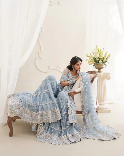 Faiza Saqlain | Ice Blue Net Embroidered Gharara