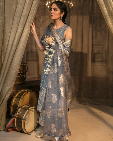 Faiza Saqlain | Pale Blue Embroidered Korean Raw Silk Suit