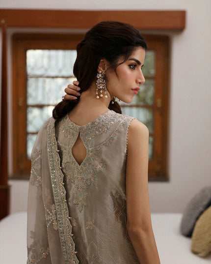 Faiza Saqlain | Light Stone Gray Embroidered Tissue Suit