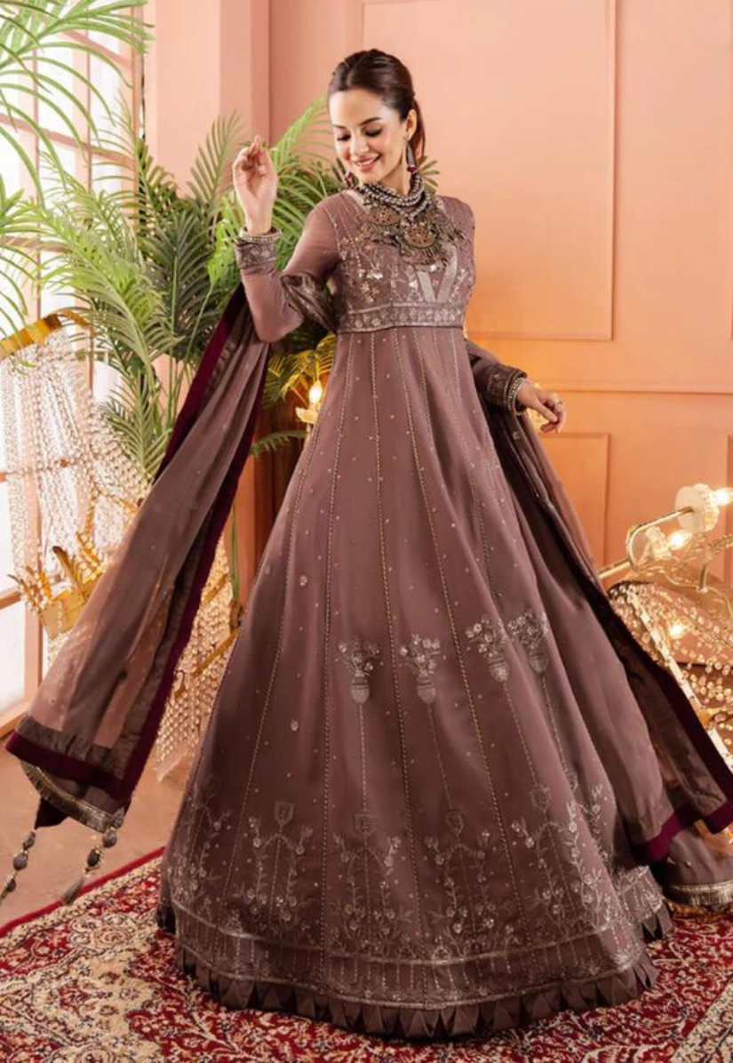 Asim Jofa | Embroidered Embellished Maxi in Taupe