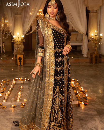 Asim Jofa | Black Embroidered Chiffon Angrakha