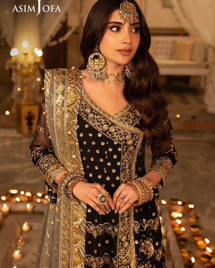 Asim Jofa | Black Embroidered Chiffon Angrakha