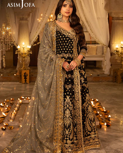 Asim Jofa | Black Embroidered Chiffon Angrakha