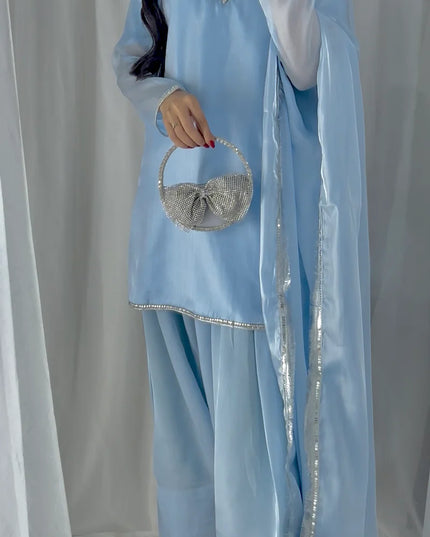 Neelofar | Light Pastel Blue Silk Embellished Suit