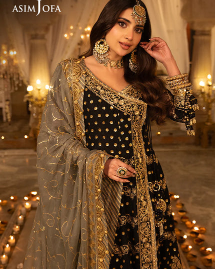 Asim Jofa | Black Embroidered Chiffon Angrakha