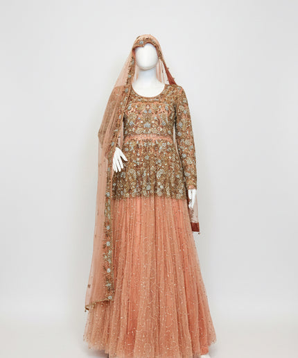 Luxury Peach & Gold Bridal Ensemble with Heavy Embroidery
