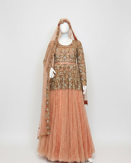 Luxury Peach & Gold Bridal Ensemble with Heavy Embroidery