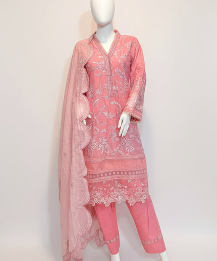 Pink Peony Floral Embroidered Lawn 3-Piece Set