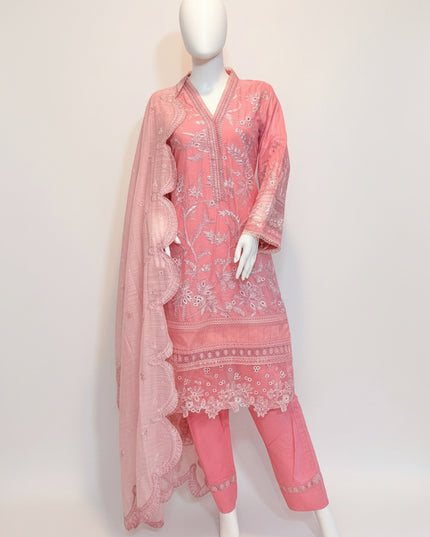 Pink Peony Floral Embroidered Lawn 3-Piece Set