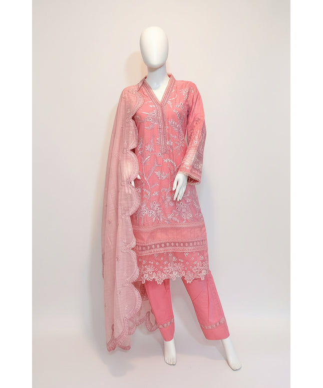 Pink Peony Floral Embroidered Lawn 3-Piece Set