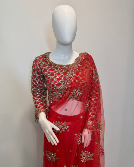 Luxury Crimson Bridal Saree Gown – Hand Embellished Wedding Formal