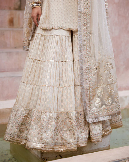 Faiza Saqlain | Off White Embroidered & Embellished Karandi Gharara