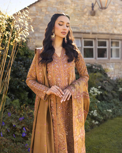 Faiza Saqlain | Mustard Brown Embroidered Velvet Dress