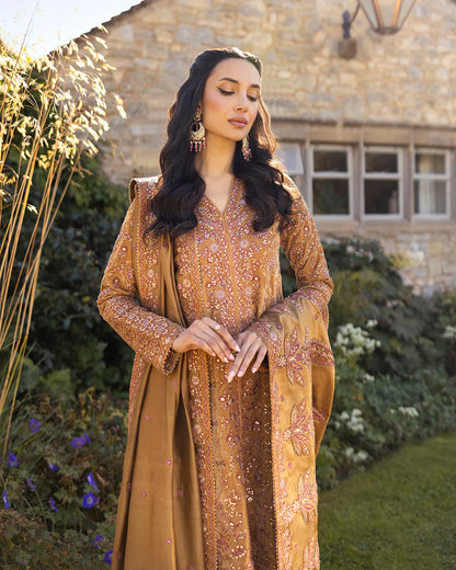 Faiza Saqlain | Mustard Brown Embroidered Velvet Dress