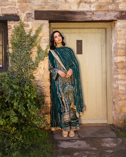 Faiza Saqlain | Teal Embroidered Velvet Suit