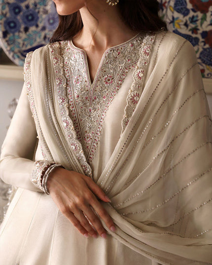 Faiza Saqlain | Ivory Cotton Silk Embroidered Suit