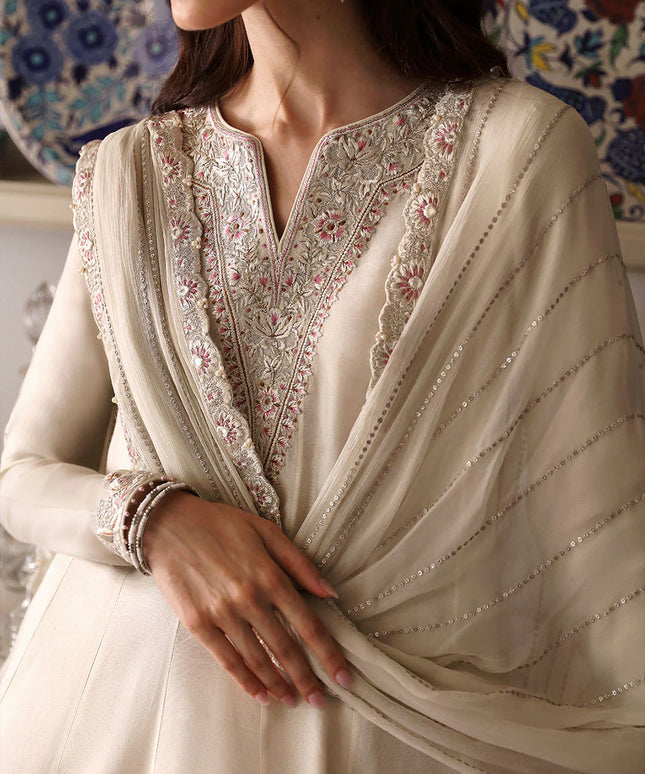 Faiza Saqlain | Ivory Cotton Silk Embroidered Suit