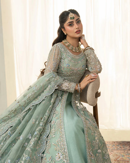 Faiza Saqlain | Mint Green Organza Embroidered Embellished Maxi Gown