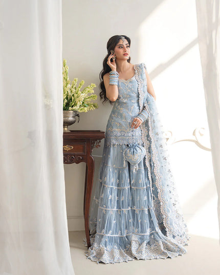 Faiza Saqlain | Ice Blue Net Embroidered Gharara