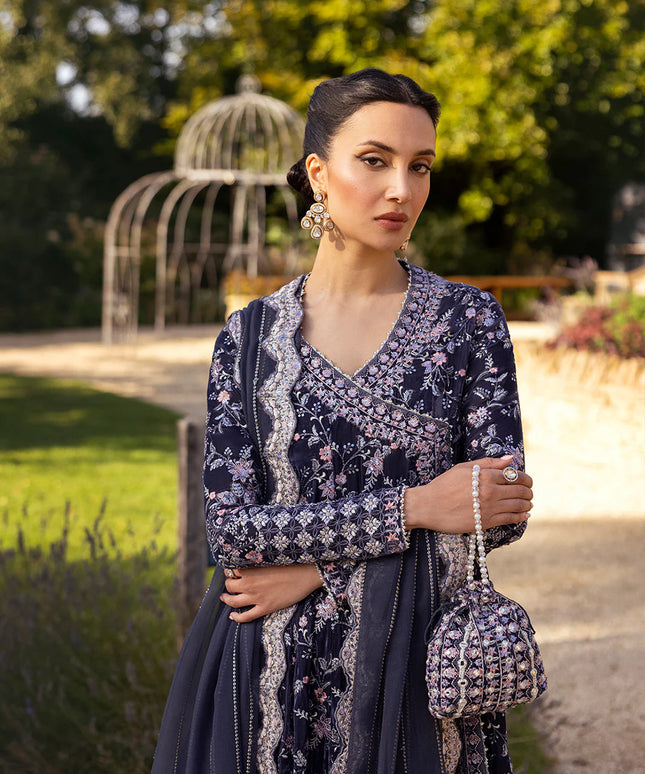 Faiza Saqlain | Charcoal Grey Embroidered Velvet Angrakha