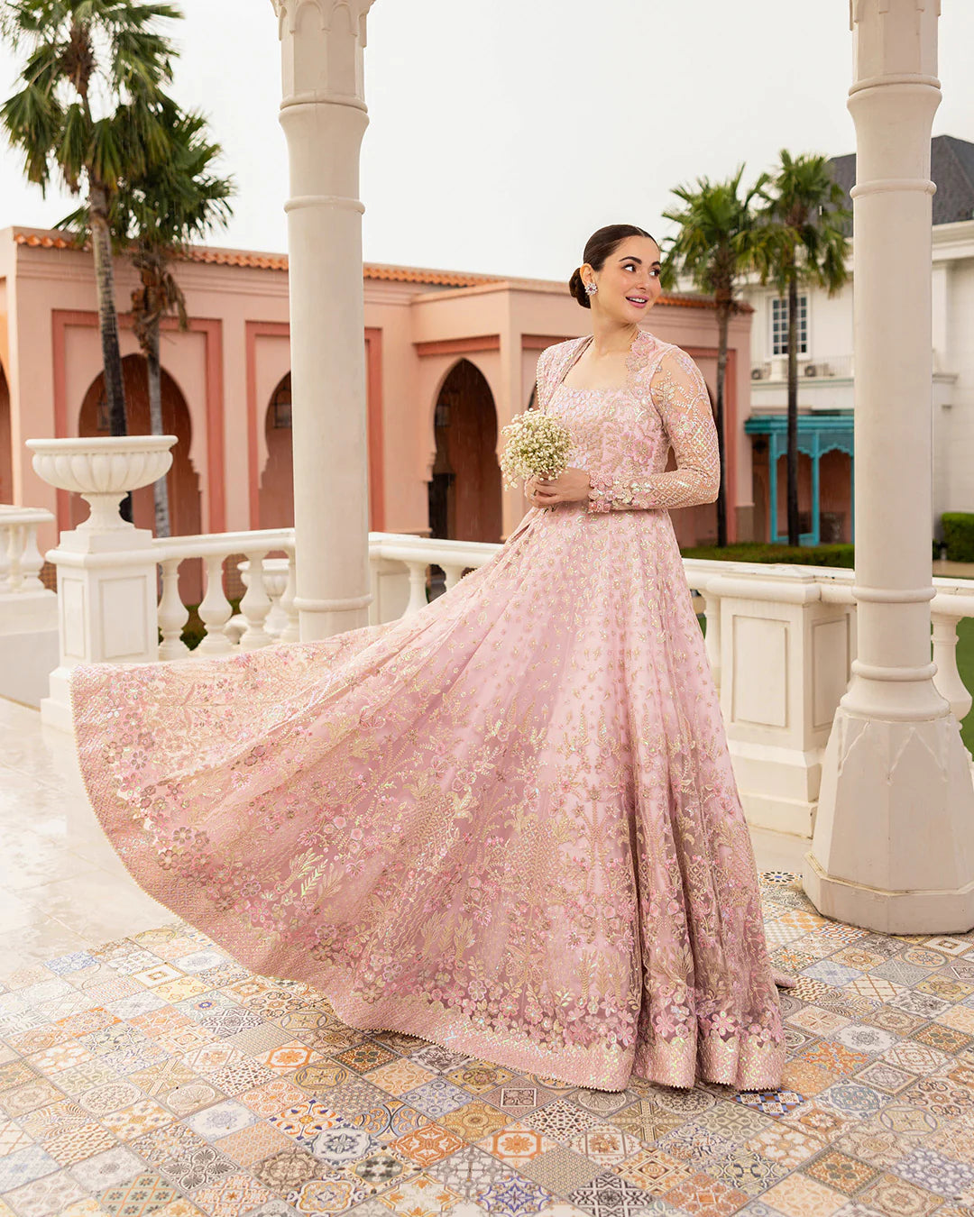 Faiza Saqlain | Powder Pink Net Embroidered Maxi Dress