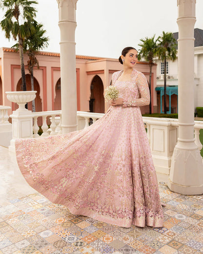 Faiza Saqlain | Powder Pink Net Embroidered Maxi Dress