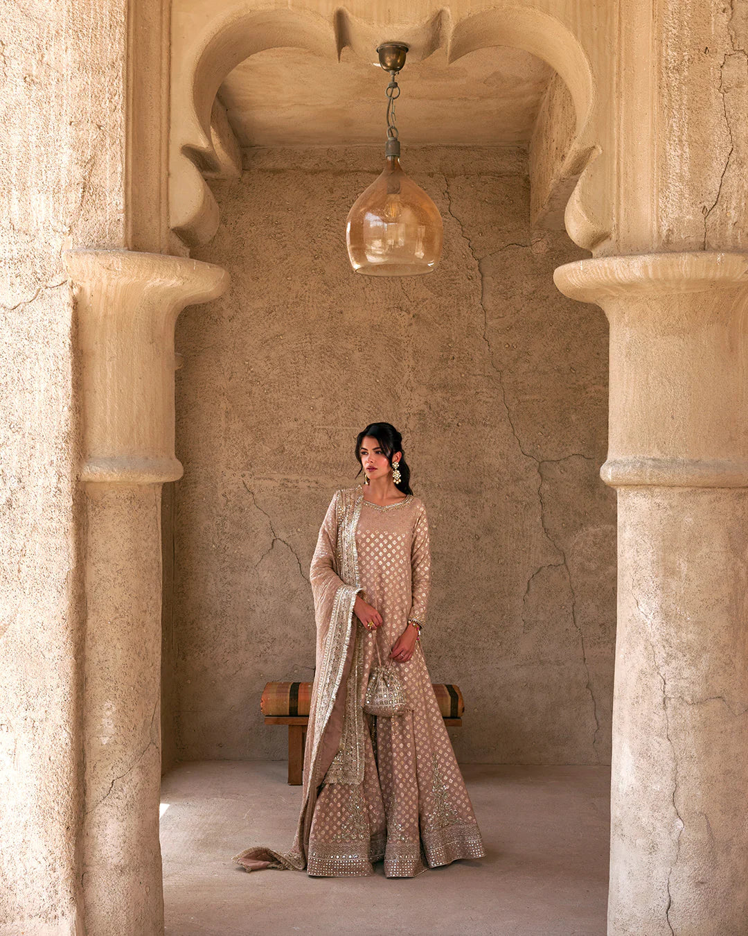 Faiza Saqlain | Rose Gold Embroidered Karandi Sharara