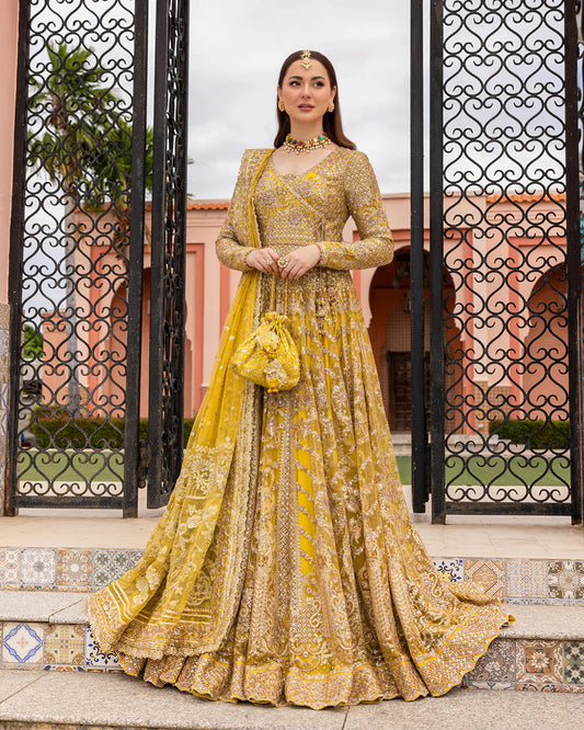 Faiza Saqlain | Yellow Embroidered Angrakha Pishwas