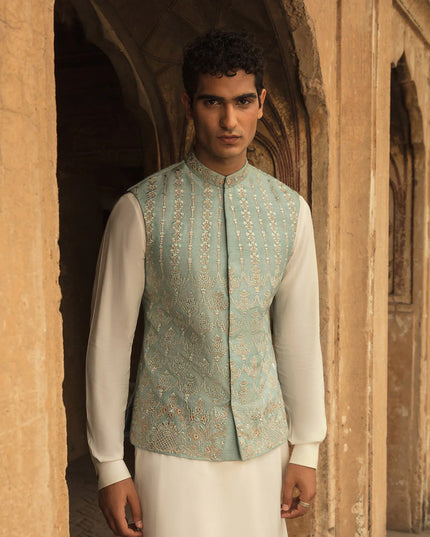 Faiza Saqlain Ice Blue Embroidered Korean Raw Silk Set
