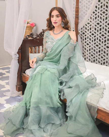 Fern | Mint Green Ruffled Chiffon Saree