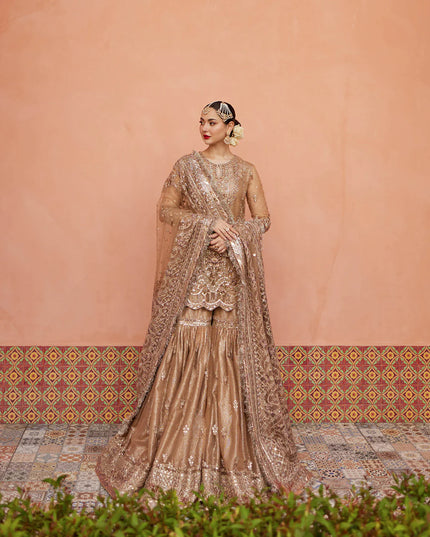 Faiza Saqlain | Golden Brown Embroidered Embellished Gharara