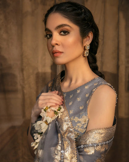 Faiza Saqlain | Pale Blue Embroidered Korean Raw Silk Suit