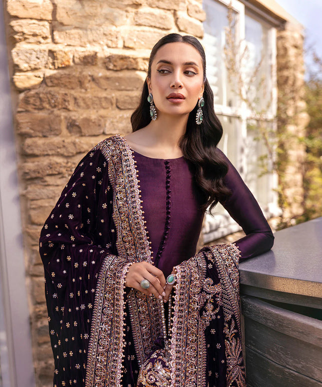 Faiza Saqlain | Dark Plum Silk Embroidered Suit