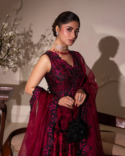 Faiza Saqlain | Magenta Shamose Silk Embroidered Maxi Dress
