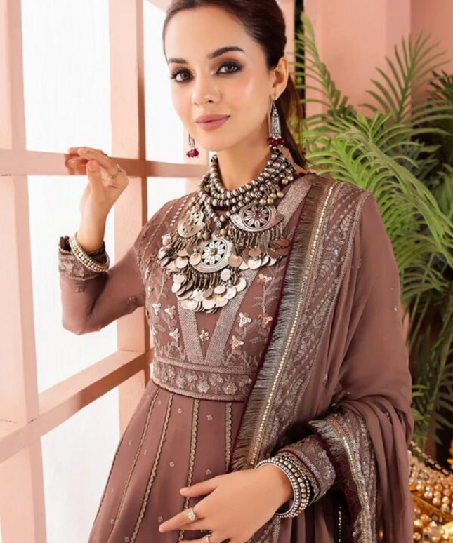 Asim Jofa | Embroidered Embellished Maxi in Taupe