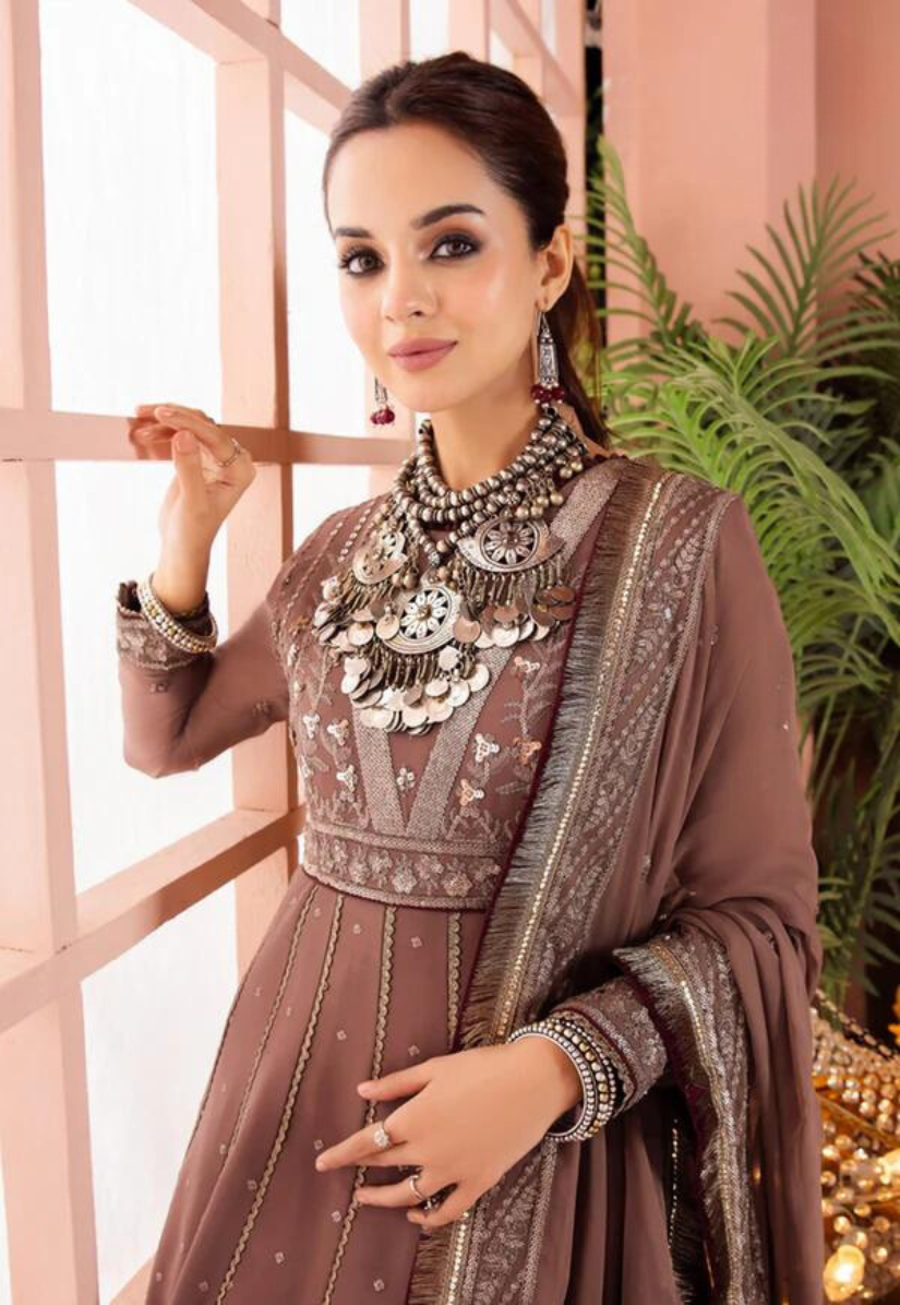 Asim Jofa | Embroidered Embellished Maxi in Taupe